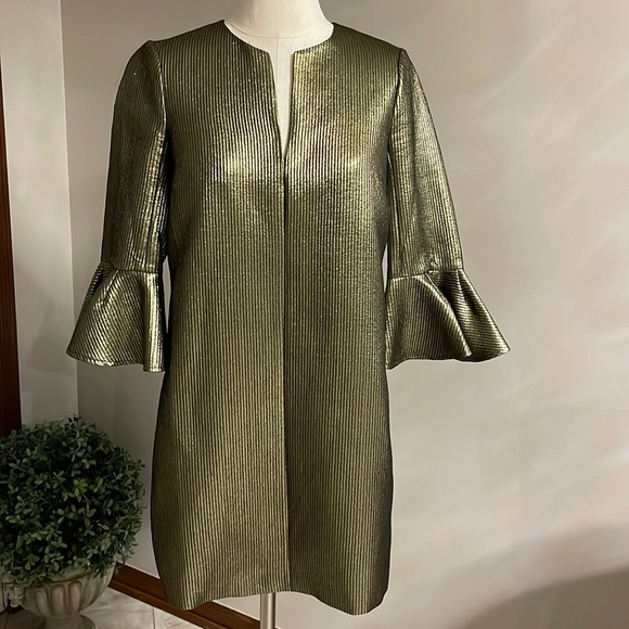 BCBG MaxAzria Gold metallic Valari Dress textured stripe XS bell 3/4 sleeves - Picture 1 of 12